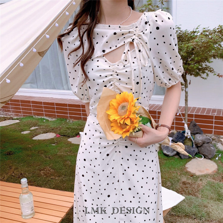 初夏新款!【LMK】時髦氣質鏤空波點連衣裙  0303#  HJY