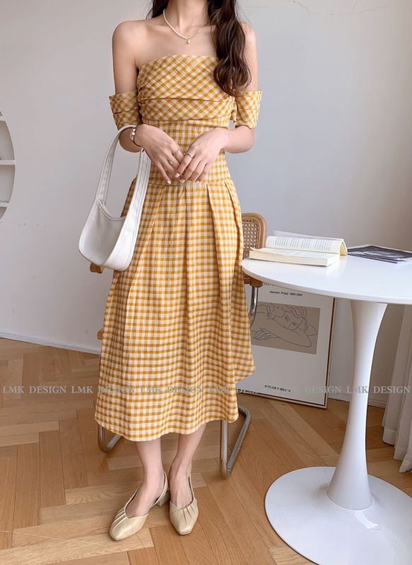 [LMK] Strapless Plaid medium length dress 2133# hjy