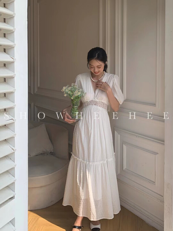 New in early summer! [xiuxixi] French elegant bubble sleeve high waist dress 8087# zxx