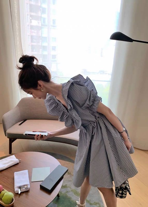 [RM. HH] aging waist closing Ruffle bubble sleeve dress 8401# ZJ