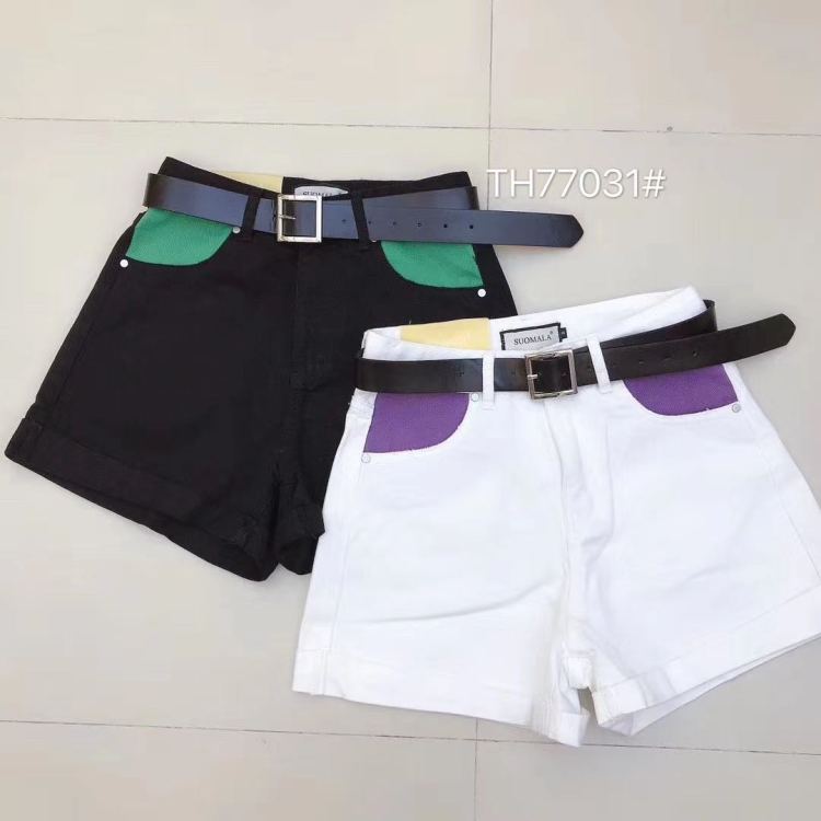 Early spring new! [T.H] Korean casual elastic embroidered letter denim shorts (excluding belt) 77031# LJF