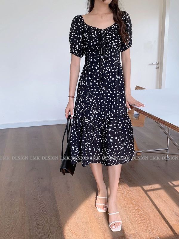[LMK] Korean small fresh Square Neck Lace Up slit dress (without jewelry) 2139# hjy