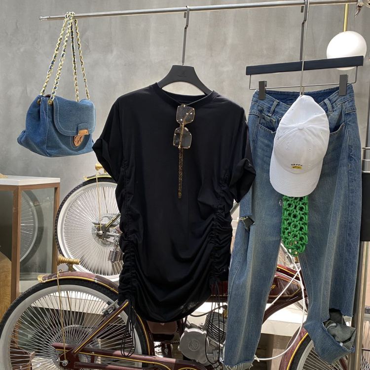 Original price 83.77! [bobo1972] simple drawstring versatile short sleeve T-shirt ay219603# CJJ