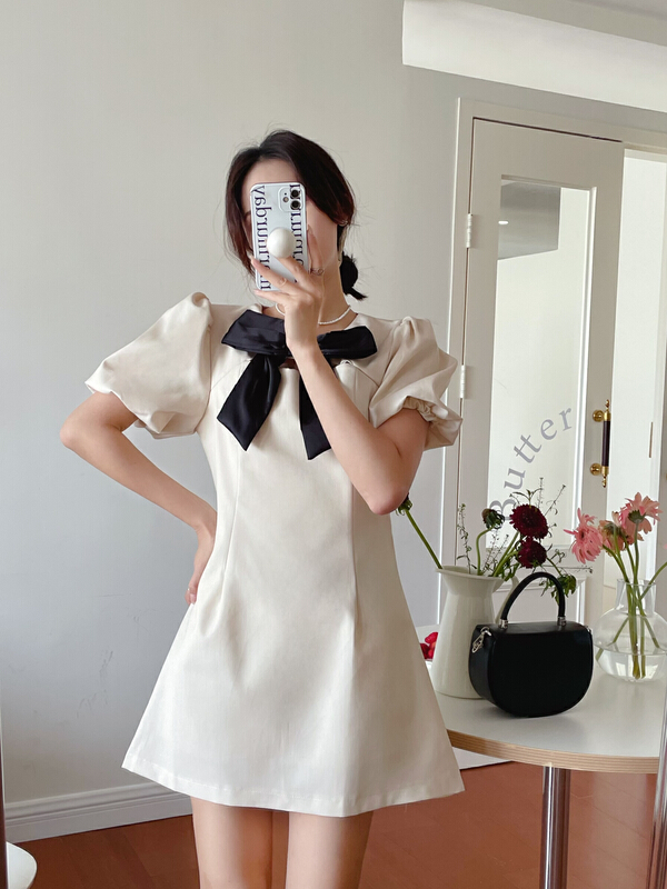 [JH] Xiaoxiang bow contrast dress 41531# PCZ