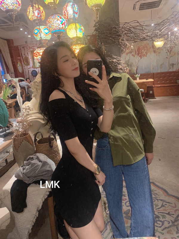 [LMK] fashion simple round neck off shoulder versatile solid dress 2054# hjy