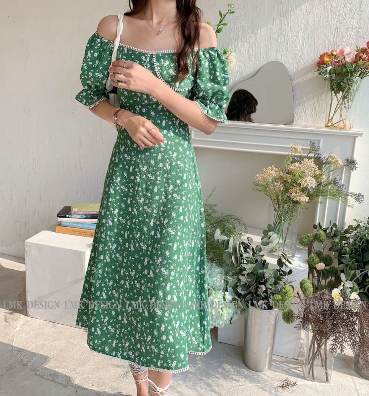 [LMK] square collar can wear floral dress 2135# hjy with one shoulder and two shoulders