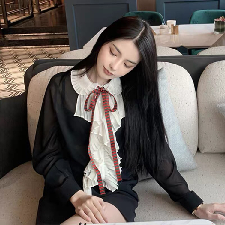 Early spring new! [Linna] contrast loose comfortable shirt (with tie) 6568# zxx