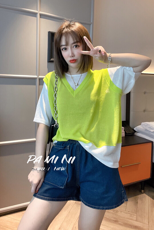 [pamini] summer new bright color V-neck short sleeve loose casual casual casual casual two-piece T-shirt 6029# Cl
