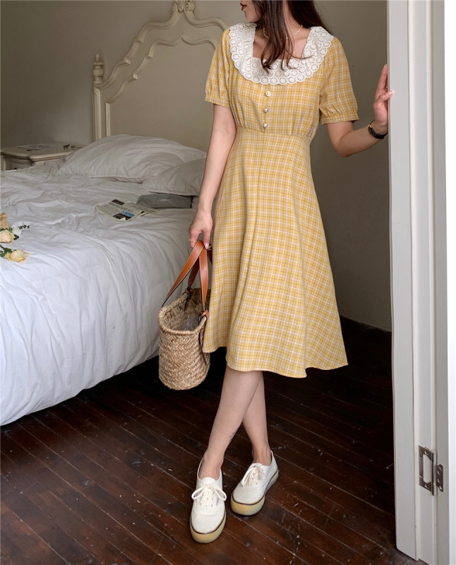 goods in stock! [J2. J1wg] Han Fan lady's checkered waist closing slim dress 2192# cqw
