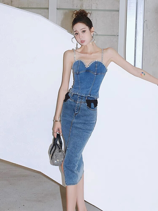 [HH] Korean denim heavy industry skirt + sleeveless versatile sling suit (without bow) 8258# LSL