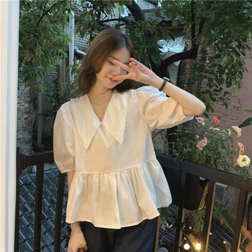 Real price ~ retro Korean version summer doll collar contrast color closing waist thin girlish shirt~