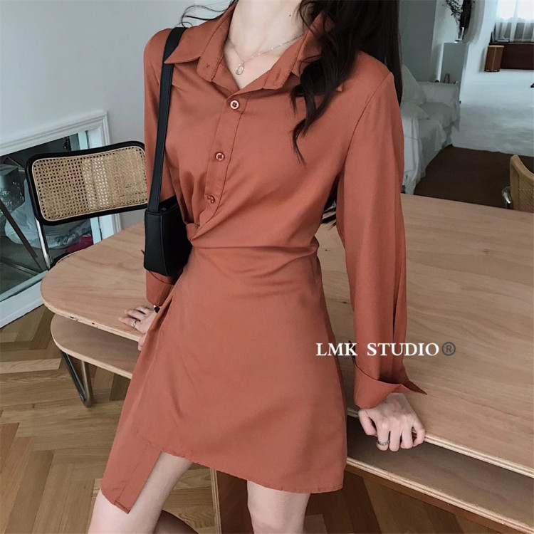 [LMK] temperament Lapel diagonal button long sleeve dress 8053# hjy