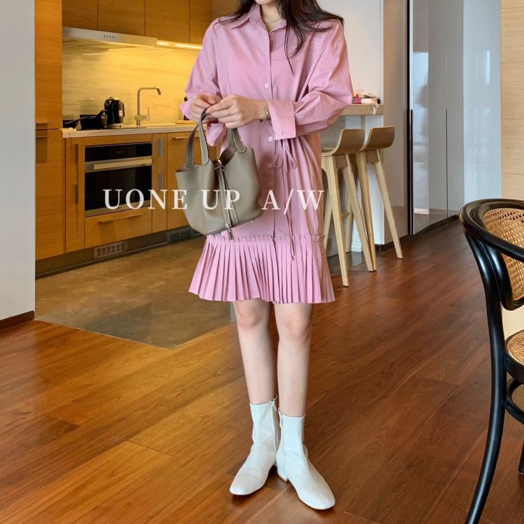 New in early autumn! [uone] versatile pleated lace up shirt dress (without shawl) 97819# LSL