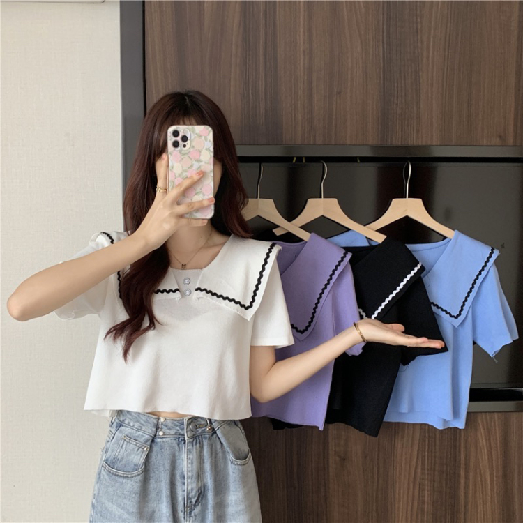 [fat woman's family] design sense small crowd doll Navy slim sweater 5585# HBx