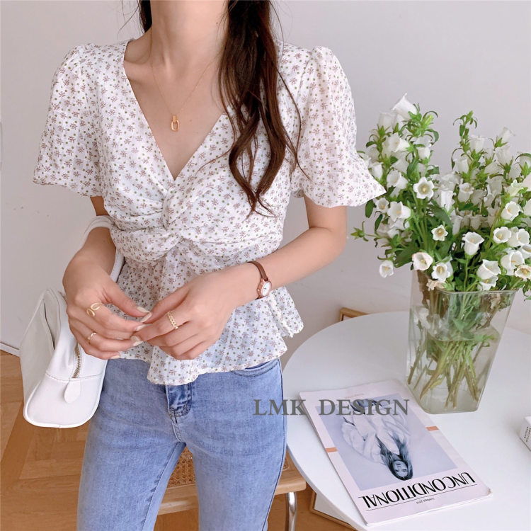 New in early summer! [LMK] temperament V-neck twisted floral bubble sleeve shirt 2111# hjy
