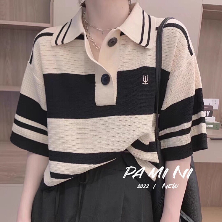 [pamini] collegiate Polo neck stripe T-shirt 9083# Cl