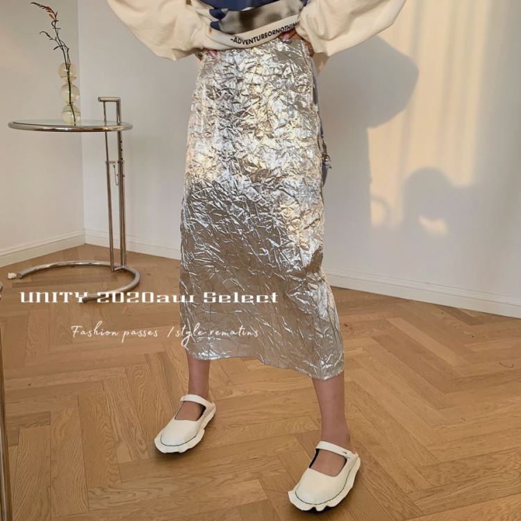 [unity] design sense of minority bright light pleated skirt 6308# fcq