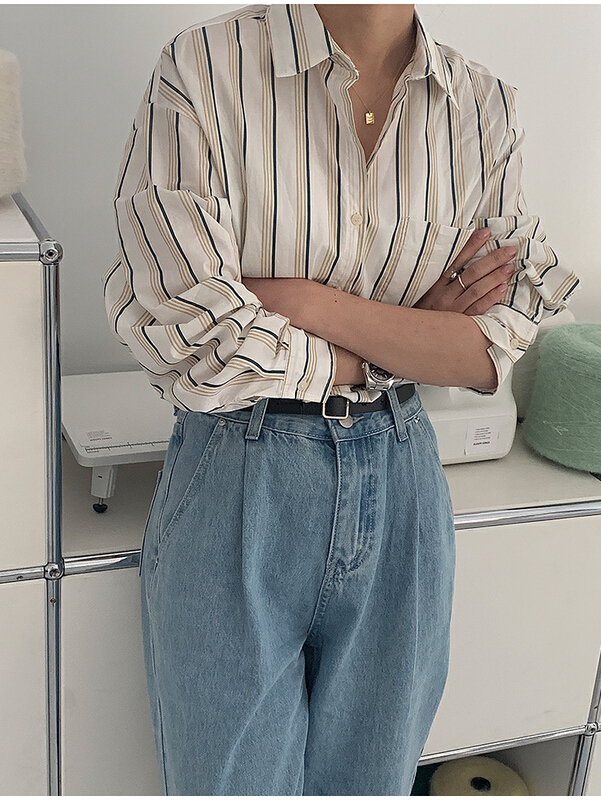 [the mind] ins Korean classic versatile striped shirt 60116# jhy