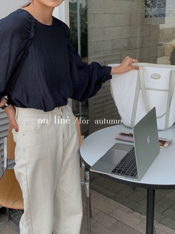 [on line] pleated texture round neck Lantern Sleeve Shirt 36810# lwy