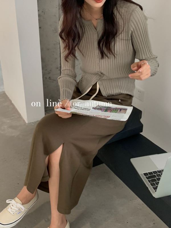 [on line] high waist, versatile, split hem, medium length skirt 7065# lwy