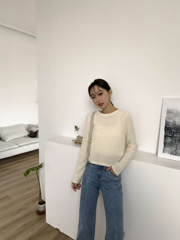 Early spring new! [TTS] clean comfortable pleated versatile crew neck bottoming shirt mnc337# fcq