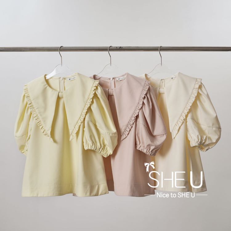 原價100.39! 早秋上新!【SHE U】時尚減齡木耳邊大翻尖領泡泡袖小衫(不可拆卸蝴蝶結)  S80218#  CQW