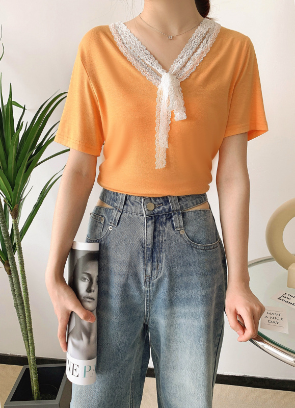 goods in stock! New in early summer! [BM design] light lace splicing short sleeve T-shirt xt104# hjy