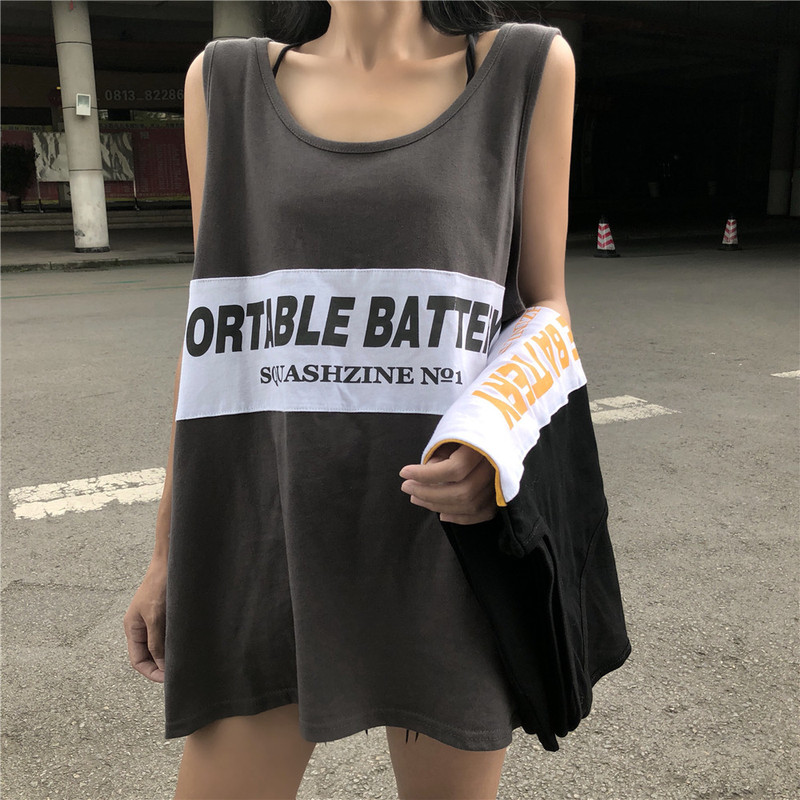 Hong Kong color contrast letter printing loose sleeveless vest women's fashion versatile student round neck T-shirt