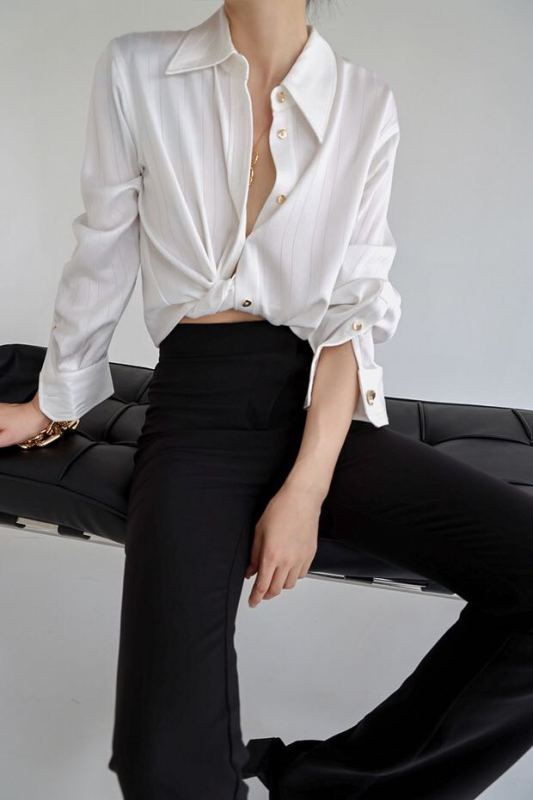New in early autumn! [until blue] simple temperament acetic acid vertical stripe shirt 21223# jhy
