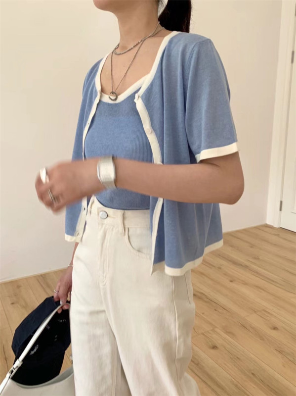 [about me] slim vest with suspender + short sleeved knitted cardigan set 129072# XJ