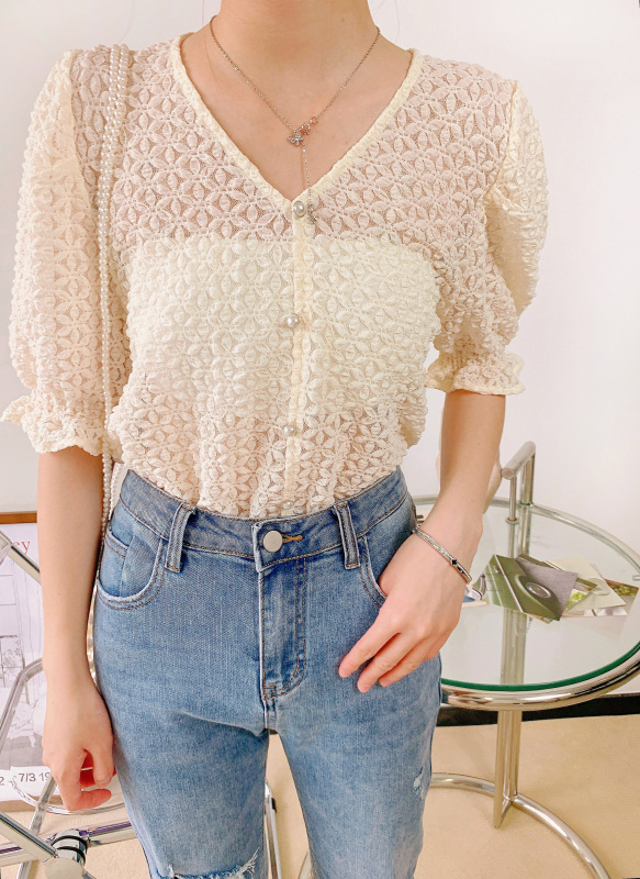 goods in stock! New in early summer! [BM design] temperament commuter lace sleeved small shirt with holes (excluding necklace and inner strap) xe004# hjy