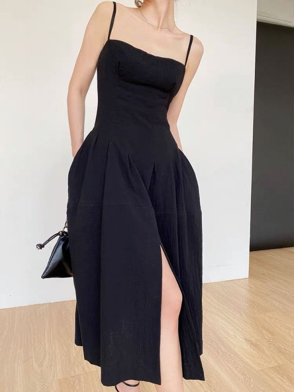 [until blue] big brand high-grade minimalist port style slit sling small black dress 21120# jhy