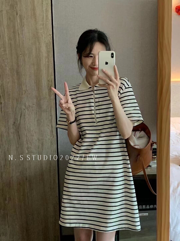 New in early summer! [N.S] Korean version of commuter Lapel stripe knitted dress 3669# WPL