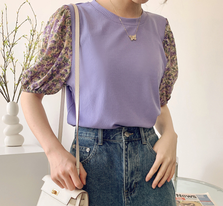 goods in stock! New in early summer! [BM design] patchwork pit strip floral sleeve shirt xe108# hjy