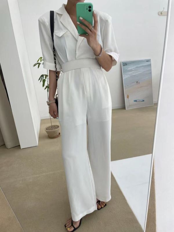 [31] Korean version solid color Lapel short sleeve high waist slim Jumpsuit (with belt) 51198# txj
