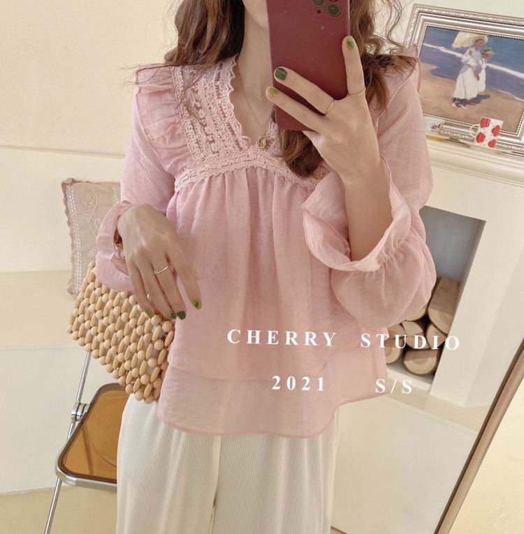 Original price 49.63! [cherry studio] Korean V-neck lace splicing blouse 6261-1# HBx