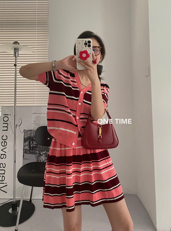 [one time] striped contrast T-shirt + high waist slim skirt set ot7019# CLS