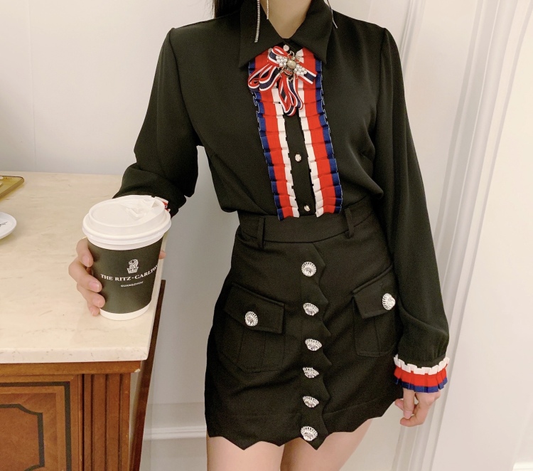 Early spring new style! [Linna] contrast loose comfortable shirt (with bow tie) 6618# HJC