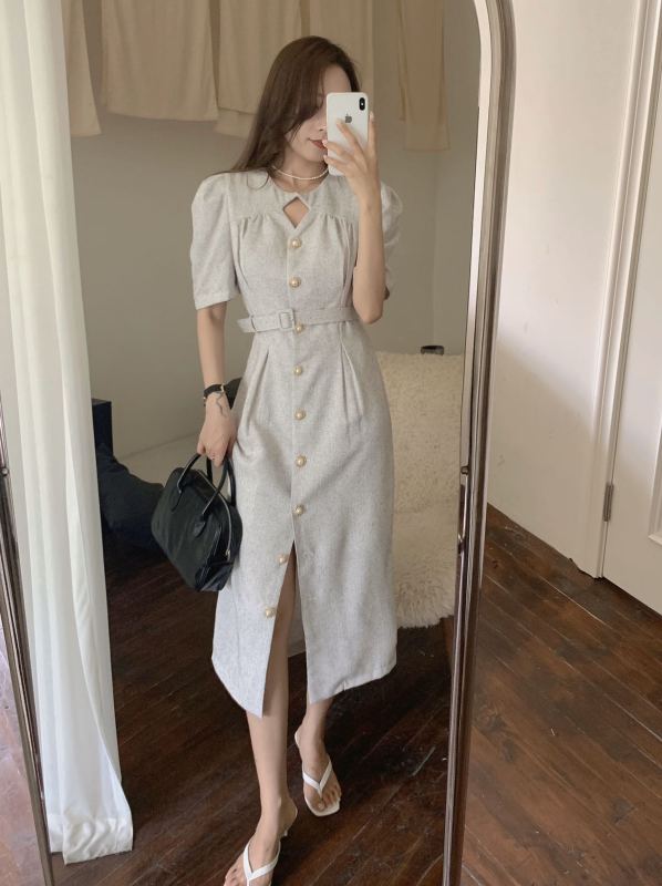 The original price is 130.66! "J2.J1WG" French temperament single-breasted waist dress (with belt) 2267# CQW