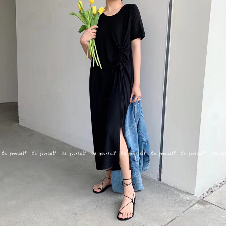 New year in early spring! [be your self] Korean versatile drawstring slit dress q66028# LSL
