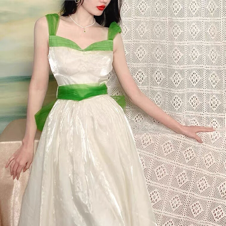 [L.L studio] French retro color contrast stitched mesh waist drawstring dress (with waist rope) 7574# PCZ