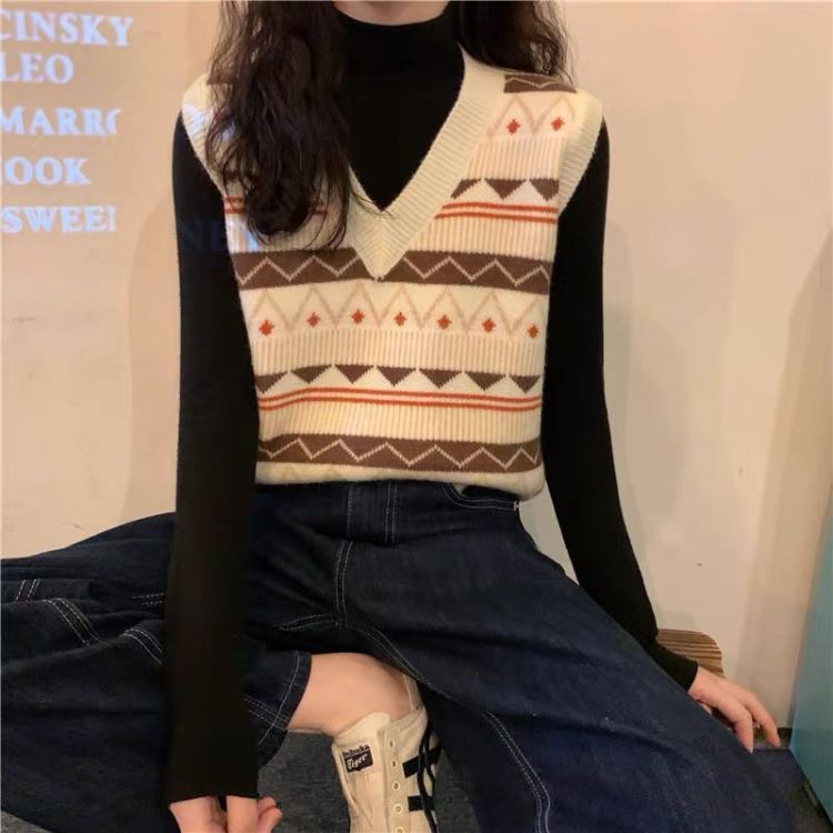 [fat husband's family] Korean V-neck pattern knitted vest (excluding inner lap) 3a10# HBx
