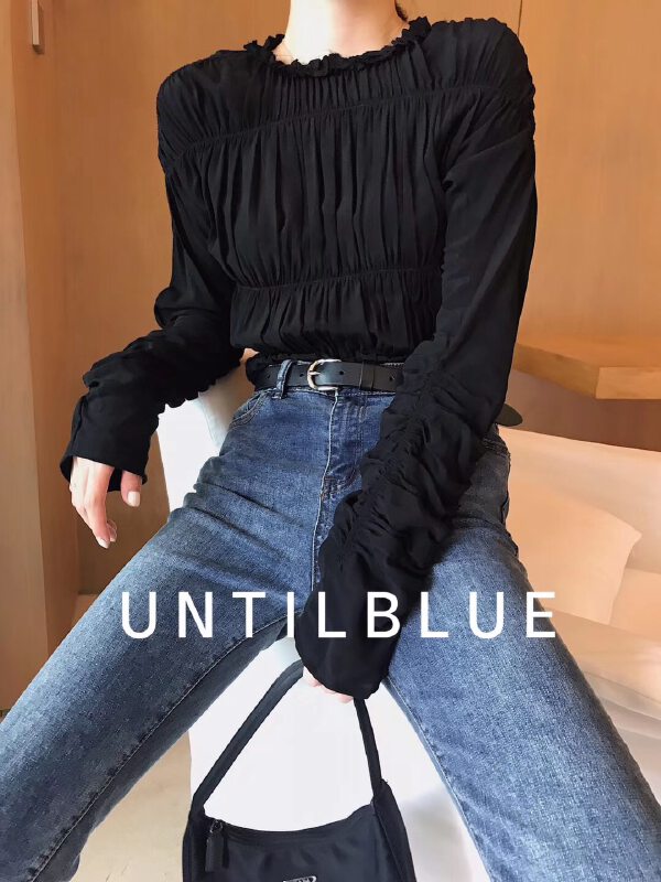 [until blue] lace crimp tight long sleeve T-shirt 163# YY