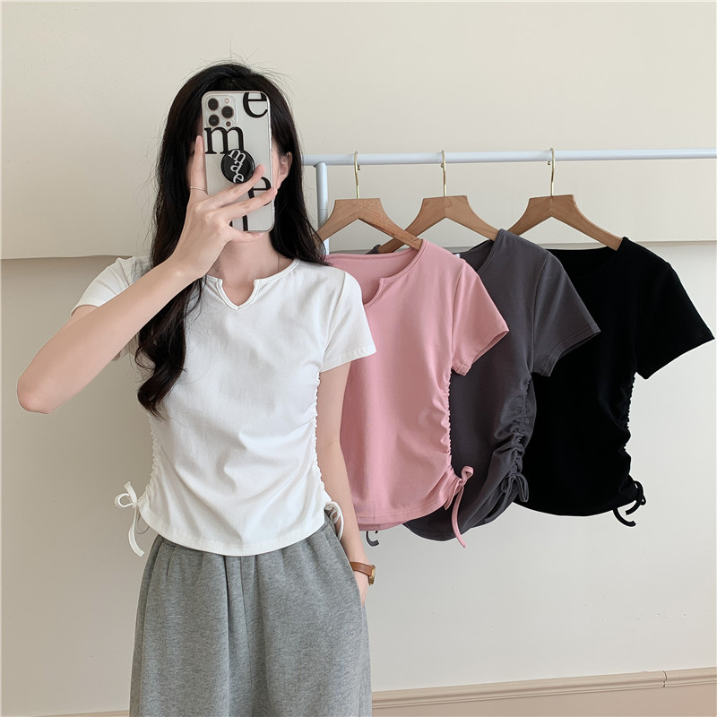 Real shot design sense of minority V-neck drawcord slim fit short sleeve T-shirt women's top bottomed shirt