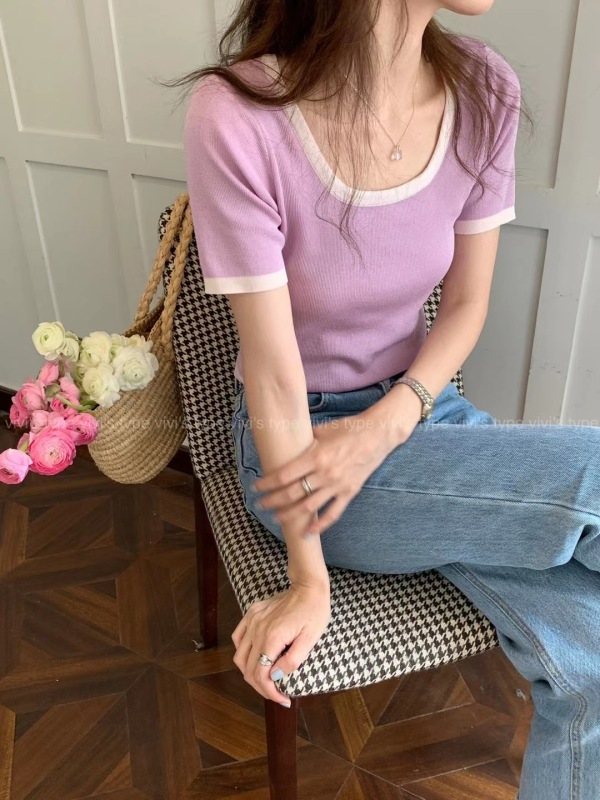 Burst money must enter! [vis type] Korean round neck color contrast slim fitting sweater 6559# hjy