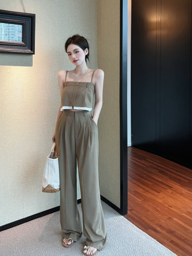 Real price real shooting summer design sense splicing suspender vest top high waist casual suit straight pants two-piece set