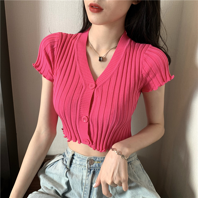 Real photo real price Korean V-neck versatile slim short sleeve T-shirt with ear edge short top