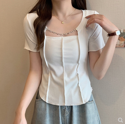Pure wind heart chain square collar short sleeve T-shirt women short 2022 summer new slim jacket bottoming shirt women