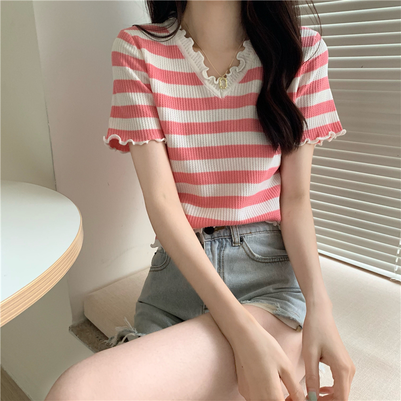 Real price summer striped wooden ear V-neck short knit shirt short sleeve T-shirt jacket