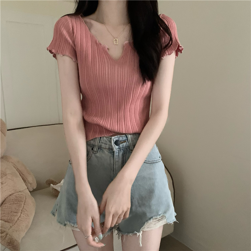 Real price summer design feeling niche slim wooden ear V-neck knitted jacket